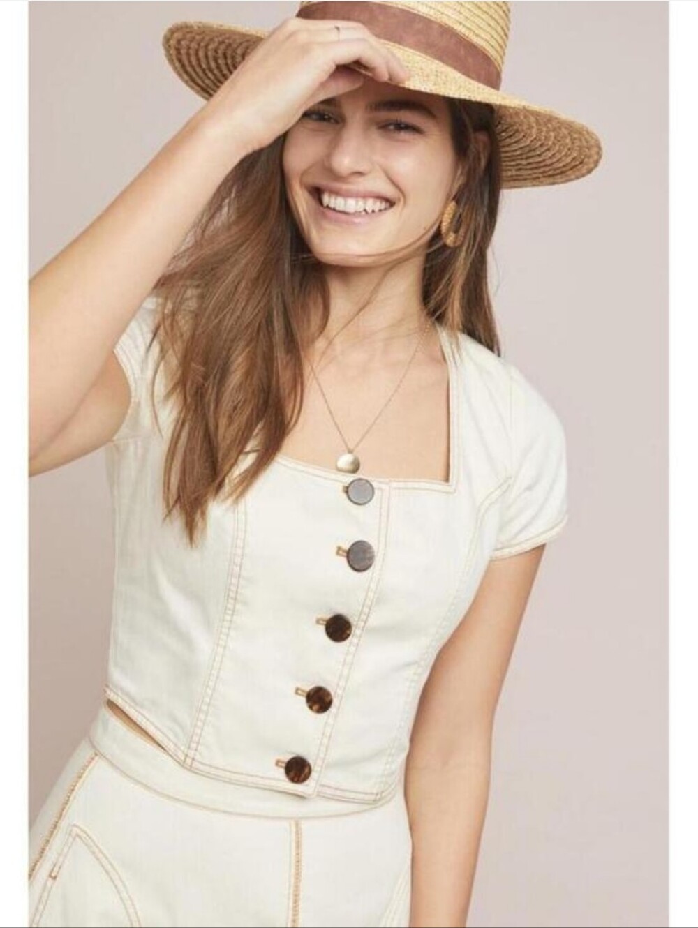 Maeve Parkland Cream Button-Down Square Neck Denim Crop Top Size 16 Western Boho